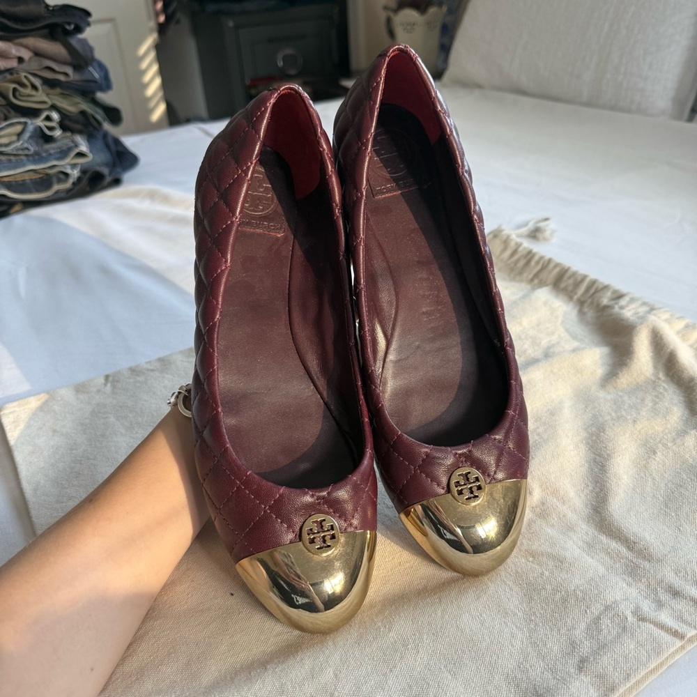 Tory Burch Red and Gold Quilted Flats